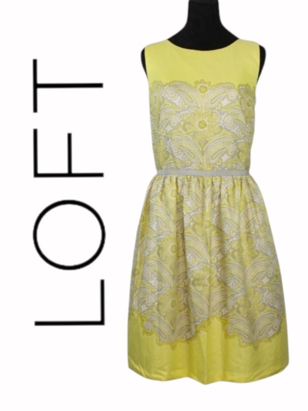 Loft Bright Yellow and Grey Paisley/Floral Print Sleeveless Dress Size 14